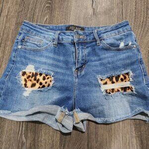 Judy Blue High Waist Cut Off Jean Shorts Size M Leopard Patches Distressed